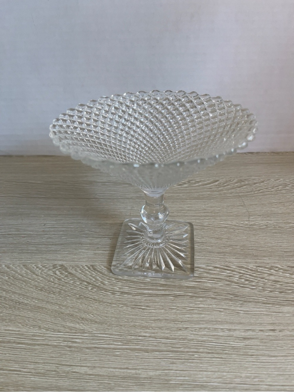 Clear Glass Diamond-Pattern Compote Pedestal Bowl